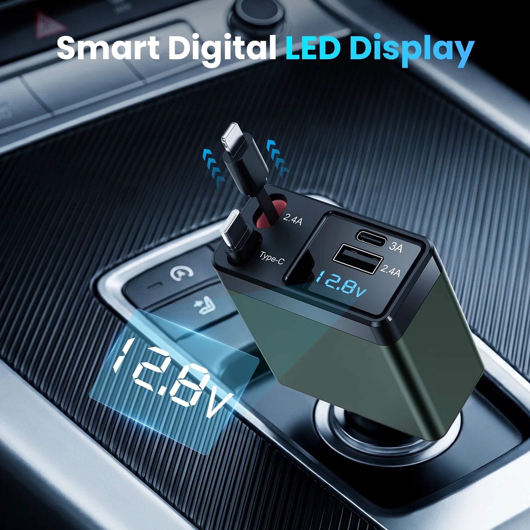 Car Charger Adapter 12V–24V, 150W Fast Charger with Multiport & Voltage Display