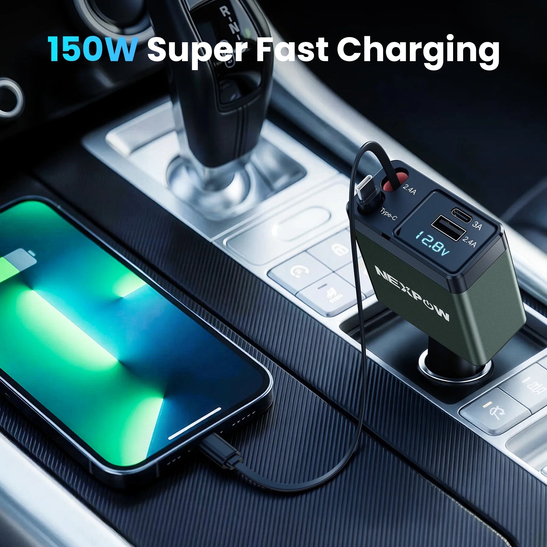 Car Charger Adapter 12V–24V, 150W Fast Charger with Multiport & Voltage Display