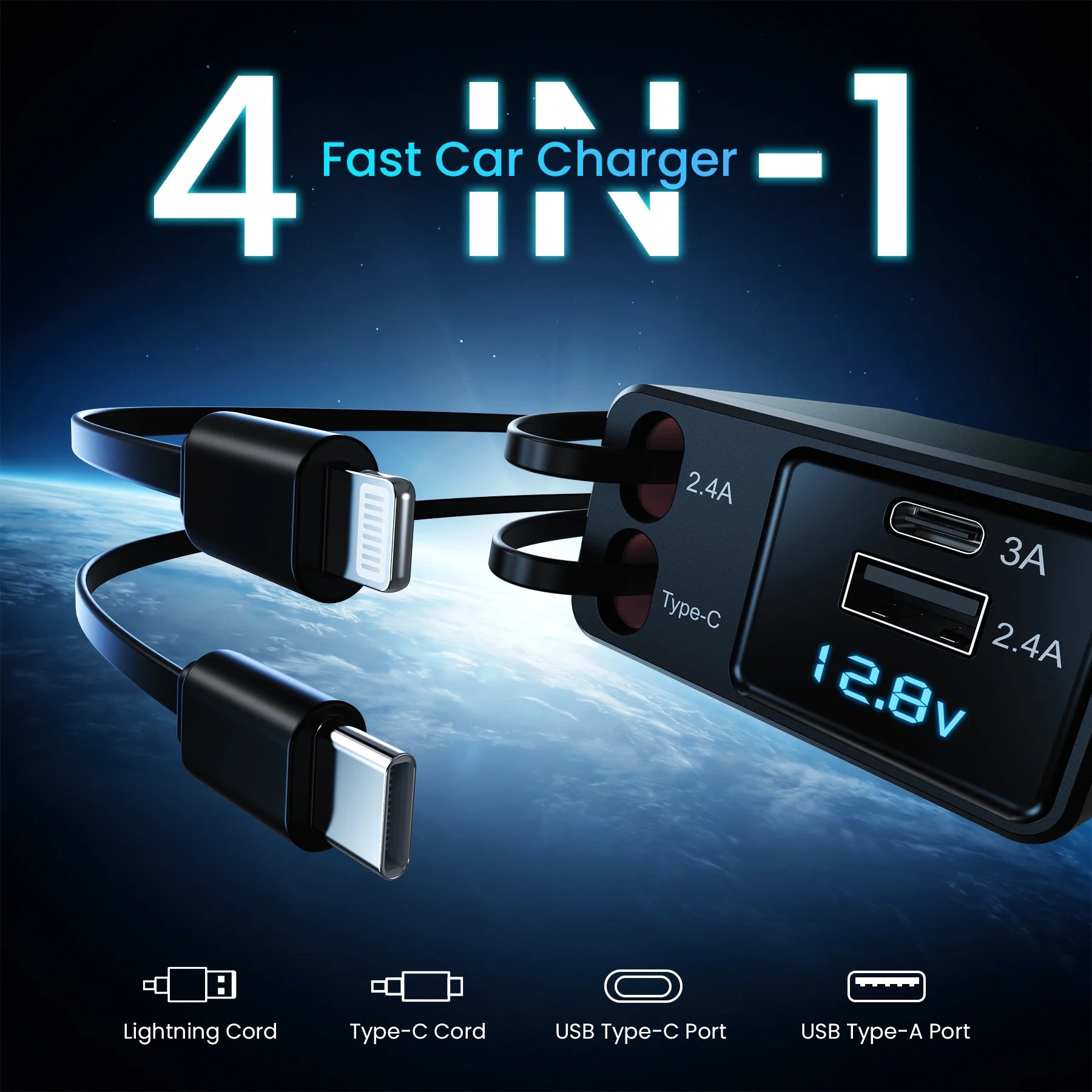 Car Charger Adapter 12V–24V, 150W Fast Charger with Multiport & Voltage Display